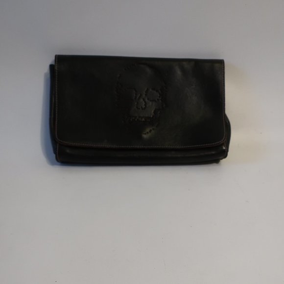 Womens Brave Black Die-Cut Salvage Skull Image Leather Clutch Bag * - Picture 4 of 10